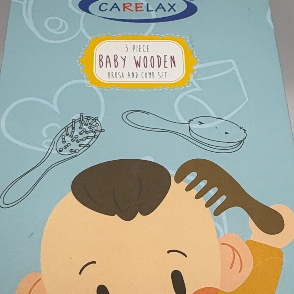 NIB Carelax 3-Piece Baby Wooden Brush & Comb Set - 100% Goat Hair Bristles